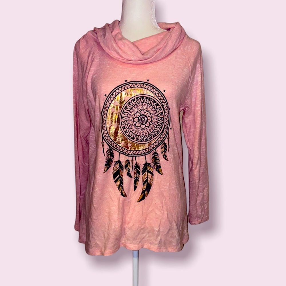 Boho Type Pink Sweatshirt with Cowl Neck